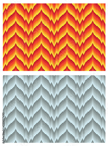 Two seamless bargello patterns, different hues of color. Imitation of needlepoint embroidery. Flame motifs. Swathes are included.