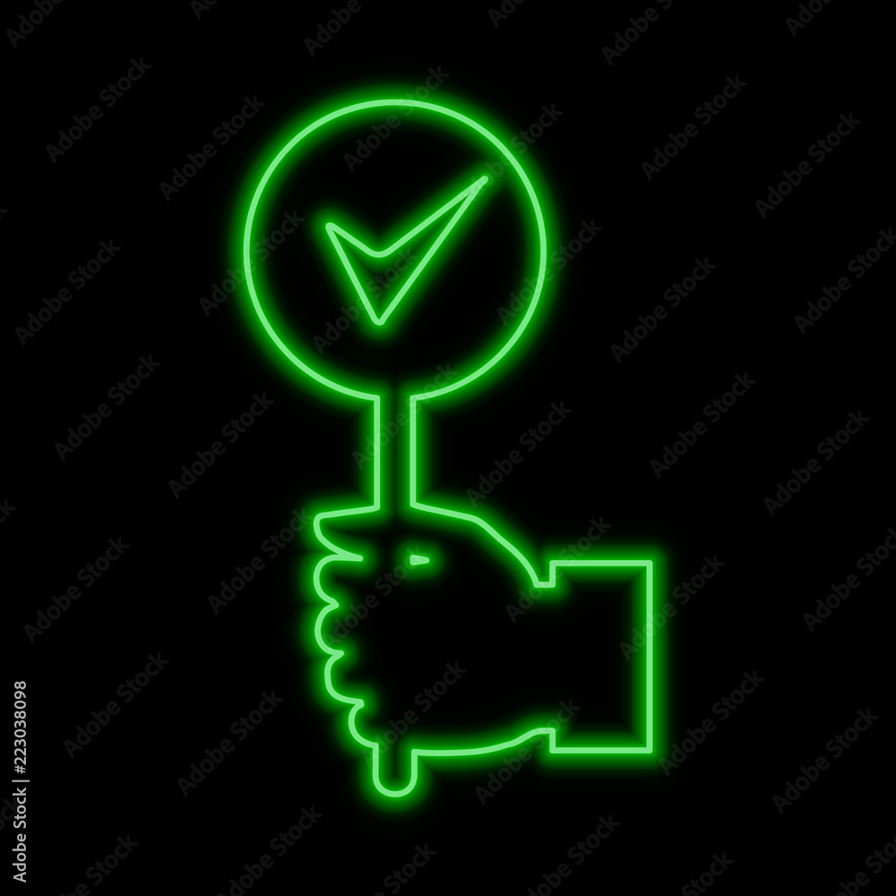 Approve Hand Icon Reverse Color Hand with approve sign. Success concept neon sign. Bright glowing ...