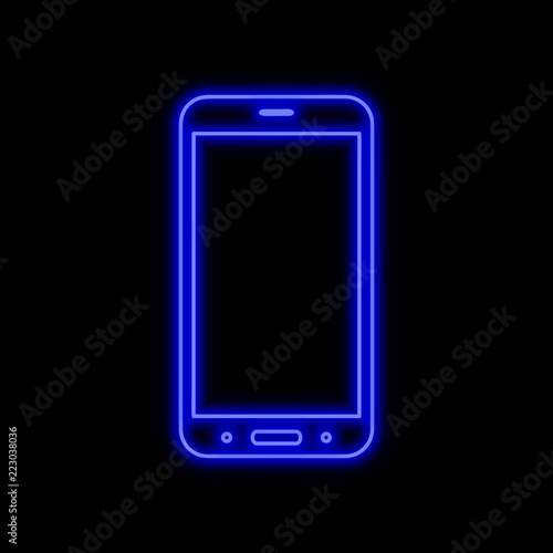 Mobile phone, smartphone neon sign. Bright glowing symbol on a black background.