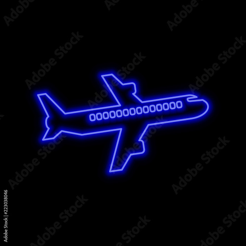 Flying passenger airplane, airliner neon sign. Bright glowing symbol on a black background.