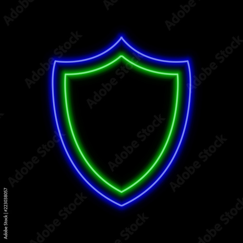 Shield neon sign. Bright glowing symbol on a black background.