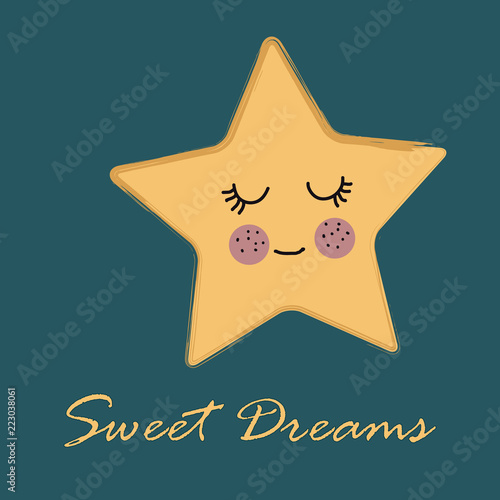 cute yellow star cartoon vector doodle illustration on green blue with text sweet dreams