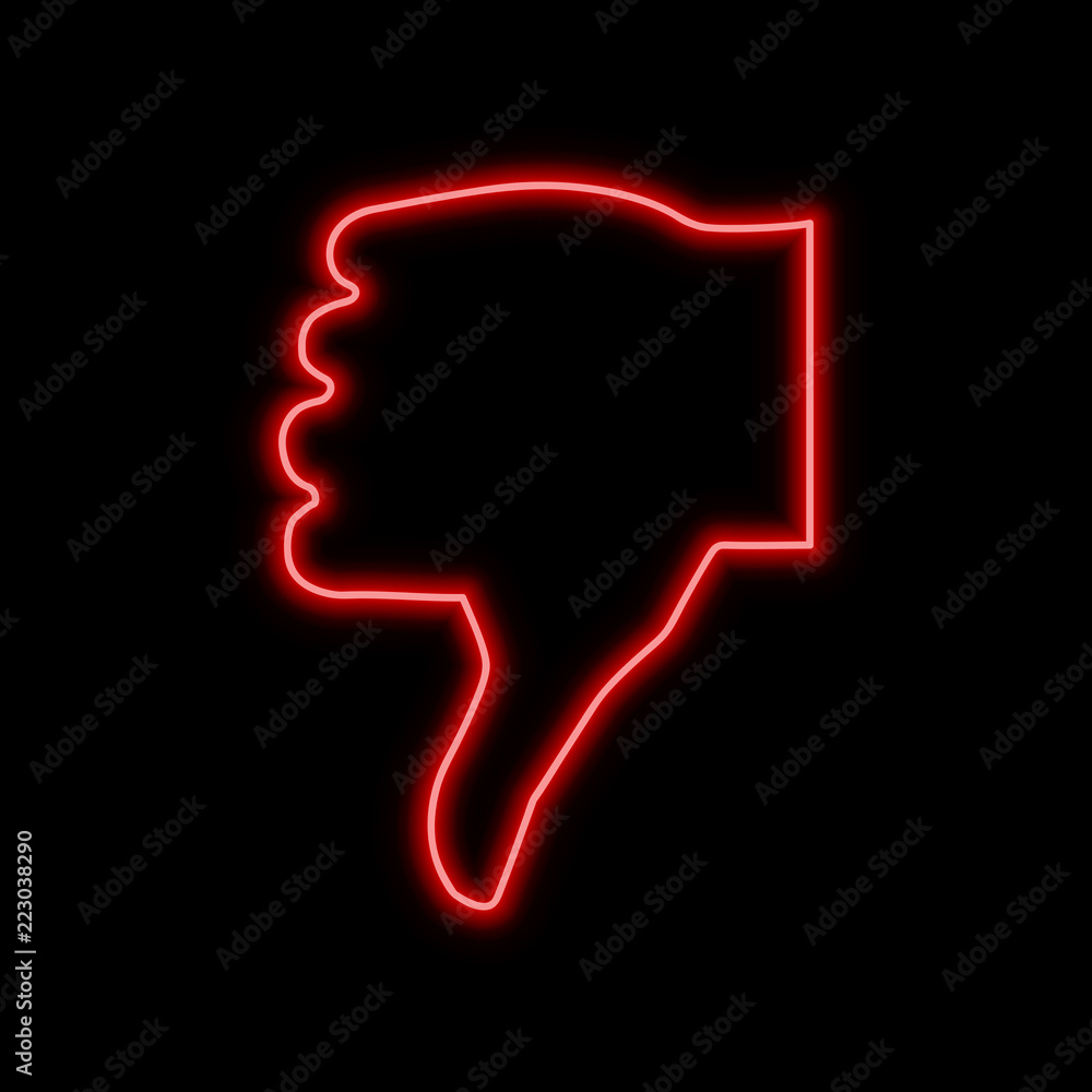 Thumb down, dislike neon sign. Bright glowing symbol on a black background. Thumb down, dislike neon sign. Bright glowing symbol on a black background.