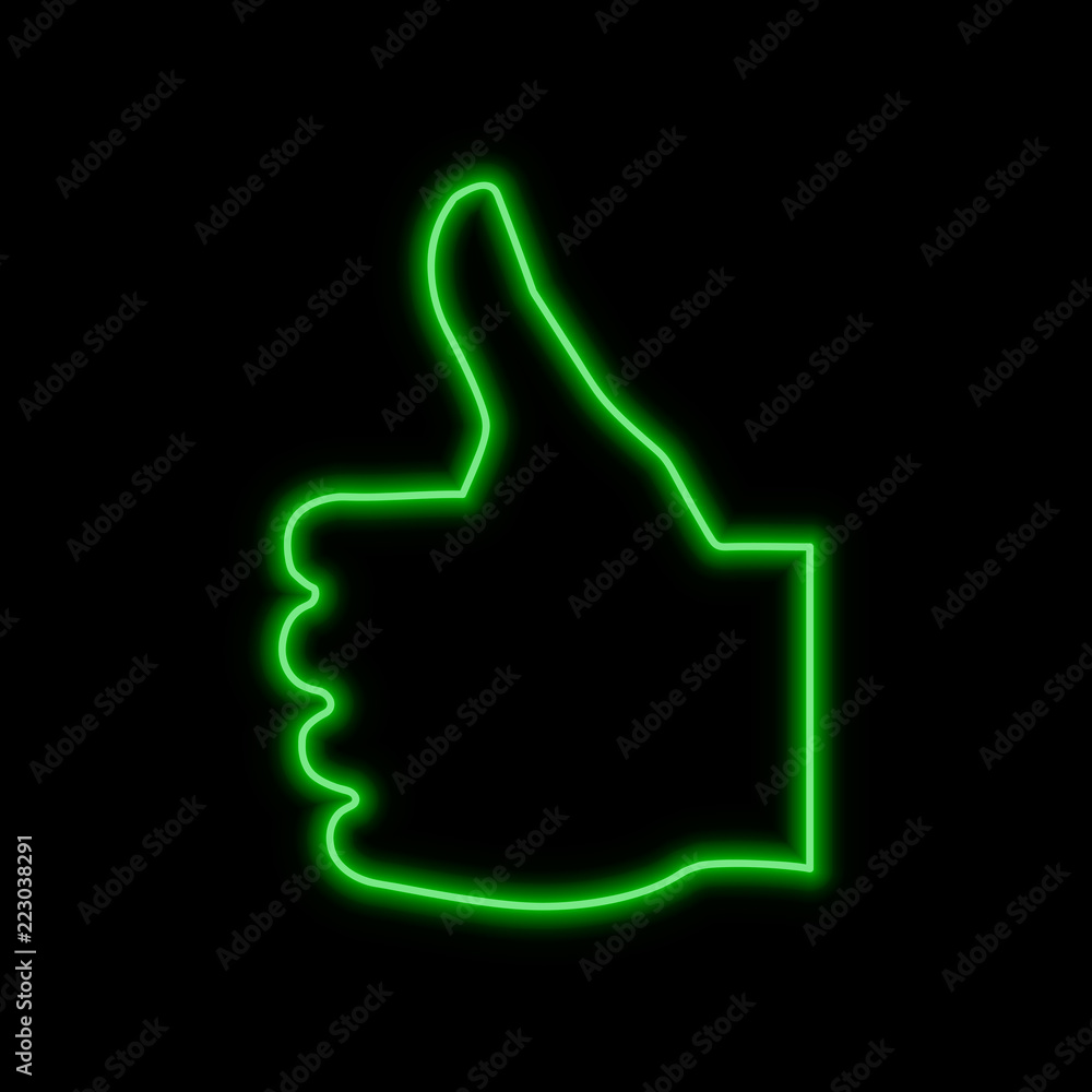 Thumb up, like neon sign. Bright glowing symbol on a black background. Thumb up, like neon sign. Bright glowing symbol on a black background.