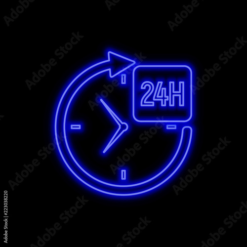 24 hours service neon sign. Bright glowing symbol on a black background.