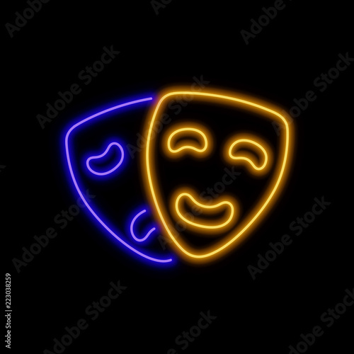 Theater masks neon sign. Bright glowing symbol on a black background.