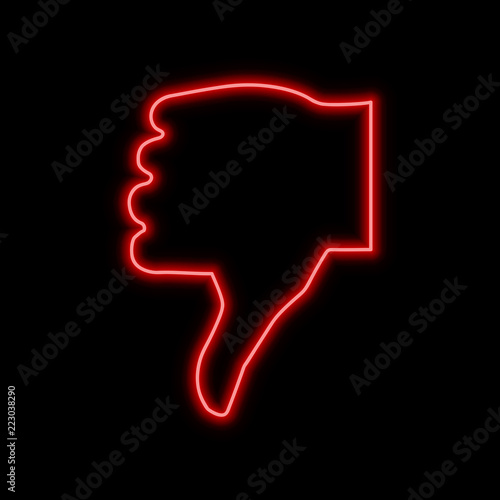 Thumb down, dislike neon sign. Bright glowing symbol on a black background.