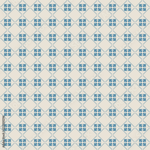 Abstract seamless pattern of geometric shapes. Squares, rhombuses and lines. Light yellow and blue