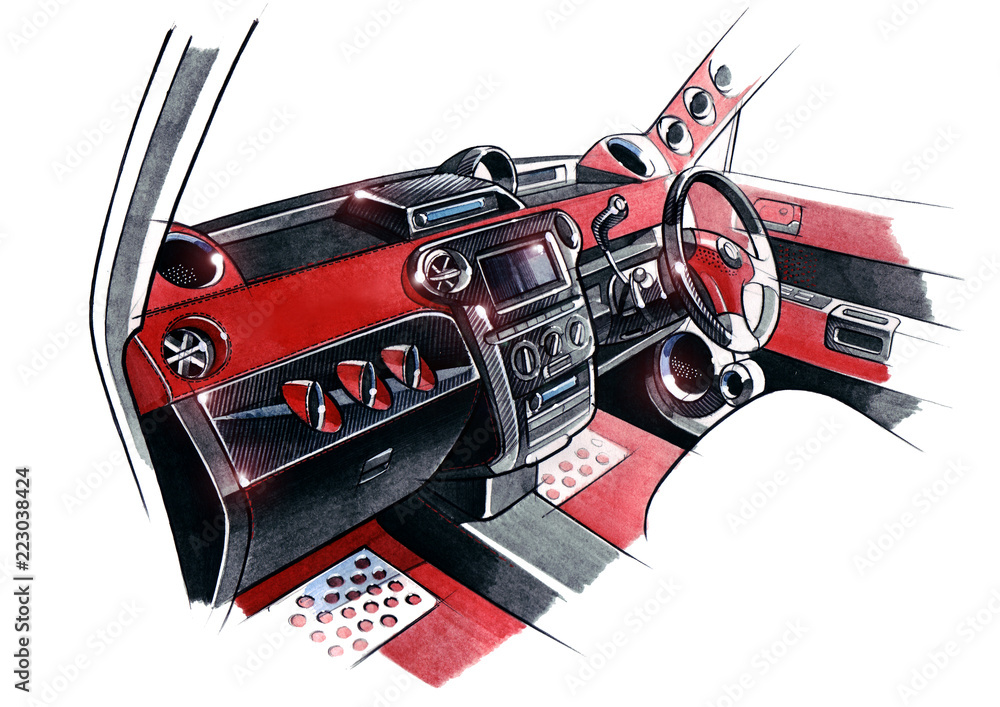 Naklejka premium Drawing of the exclusive interior design of the car with the elaboration of all the elements of the modern passenger compartment of the vehicle.