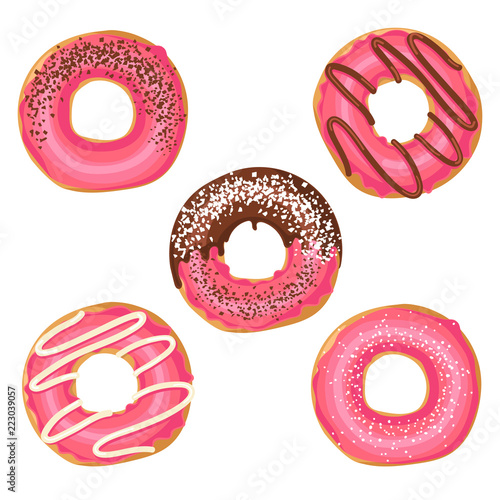 Set of Vector Sweet pink glazed donuts with chocolate and powder. Food design
