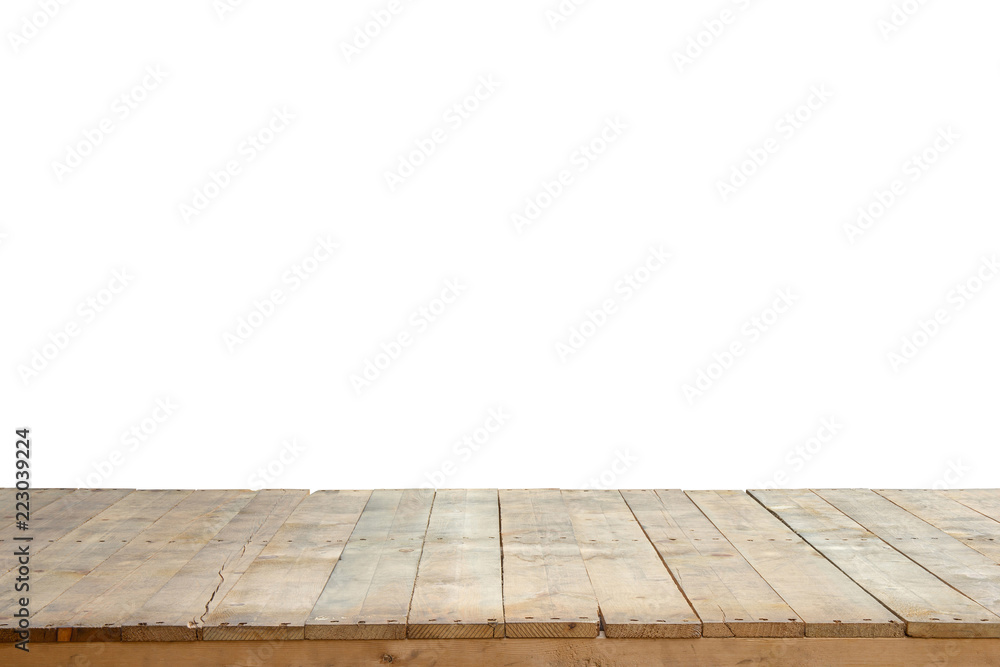 Old wooden table, wooden planks or wooden floor isolated on white background with clipping path. Wooden background for product display. Old wooden table, wooden planks or wooden floor isolated on white background with clipping path. Wooden background for product display.