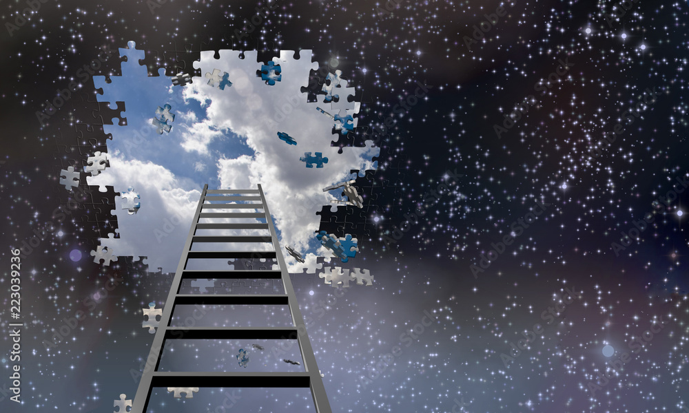 Ladder to Hole in Night Sky - obrazy, fototapety, plakaty 