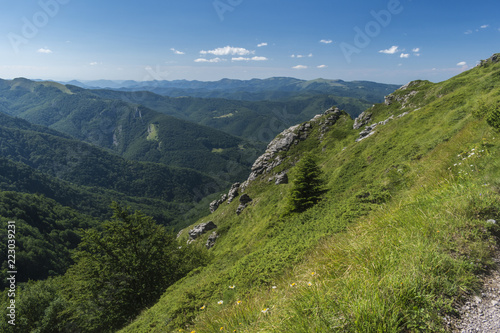 Beautiful mountain view from the entrances on the path to the Kozya Stena hut. The Troyan Balkan is exceptionally picturesque and offers a combination of wonderful mountain scenery, fresh air.