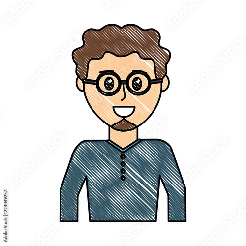 grated happy man wearing glasses with curly hair