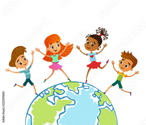 Globe kids. Children Earth day. Vector illustration