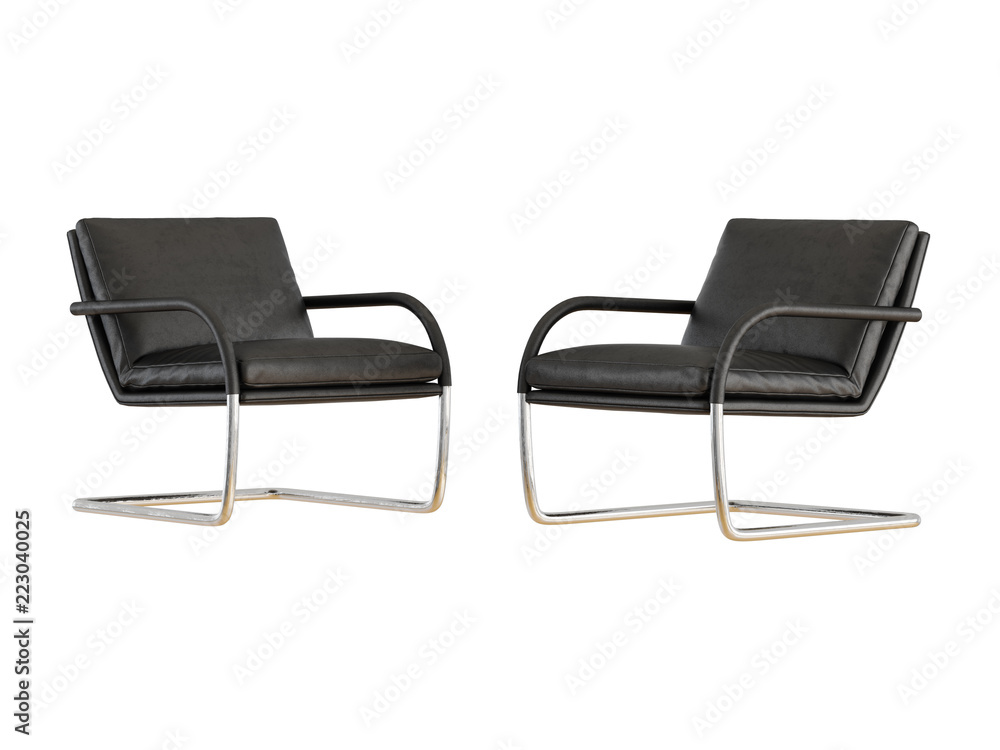 Obraz premium Two black leather chairs on a metal base on a white background 3d rendering