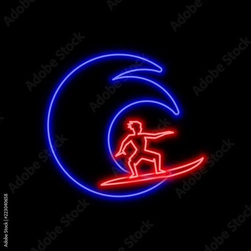 Surfer in ocean wave neon sign. Bright glowing symbol on a black background.