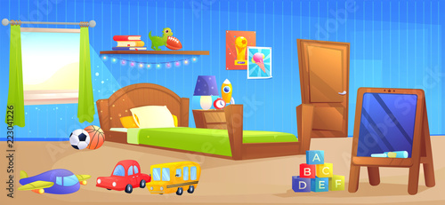 Kid boy room interior design banner. With bed, school board, book and toys. 