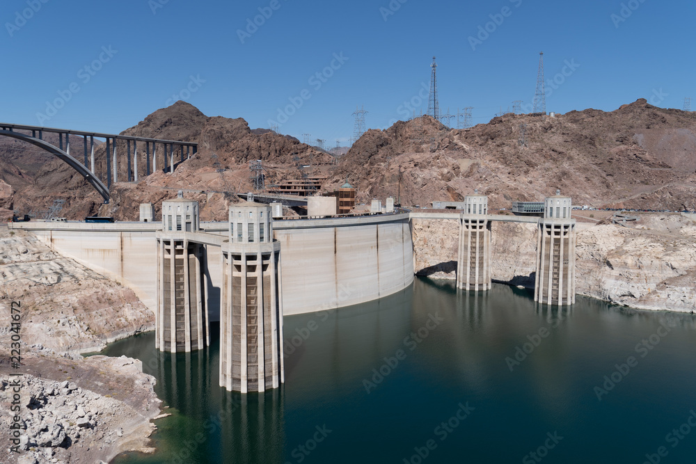 Beautiful sunny view of the Hoover Dam near Las Vegas Nevada, and the Colorado River Beautiful sunny view of the Hoover Dam near Las Vegas Nevada, and the Colorado River