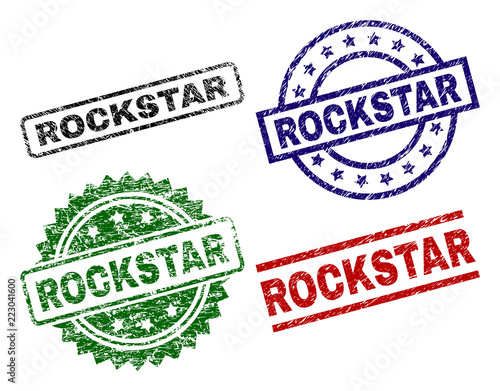 ROCKSTAR seal prints with corroded style. Black, green,red,blue vector rubber prints of ROCKSTAR title with scratched style. Rubber seals with circle, rectangle, medallion shapes.