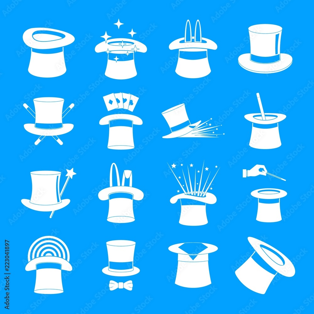 Magician hat sorcery icons set. Simple illustration of 16 magician hat sorcery vector icons for web Magician hat sorcery icons set. Simple illustration of 16 magician hat sorcery vector icons for web