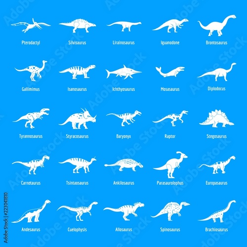 Fototapeta Naklejka Na Ścianę i Meble -  Dinosaur types signed name icons set. Simple illustration of 25 dinosaur types signed name vector icons for web
