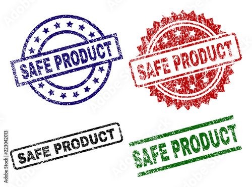 SAFE PRODUCT seal prints with damaged surface. Black, green,red,blue vector rubber prints of SAFE PRODUCT text with unclean surface. Rubber seals with round, rectangle, rosette shapes.