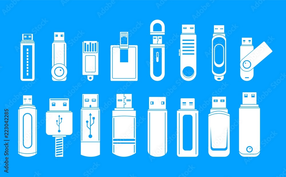 USB flash drive icons set. Simple illustration of 16 USB flash drive vector icons for web USB flash drive icons set. Simple illustration of 16 USB flash drive vector icons for web