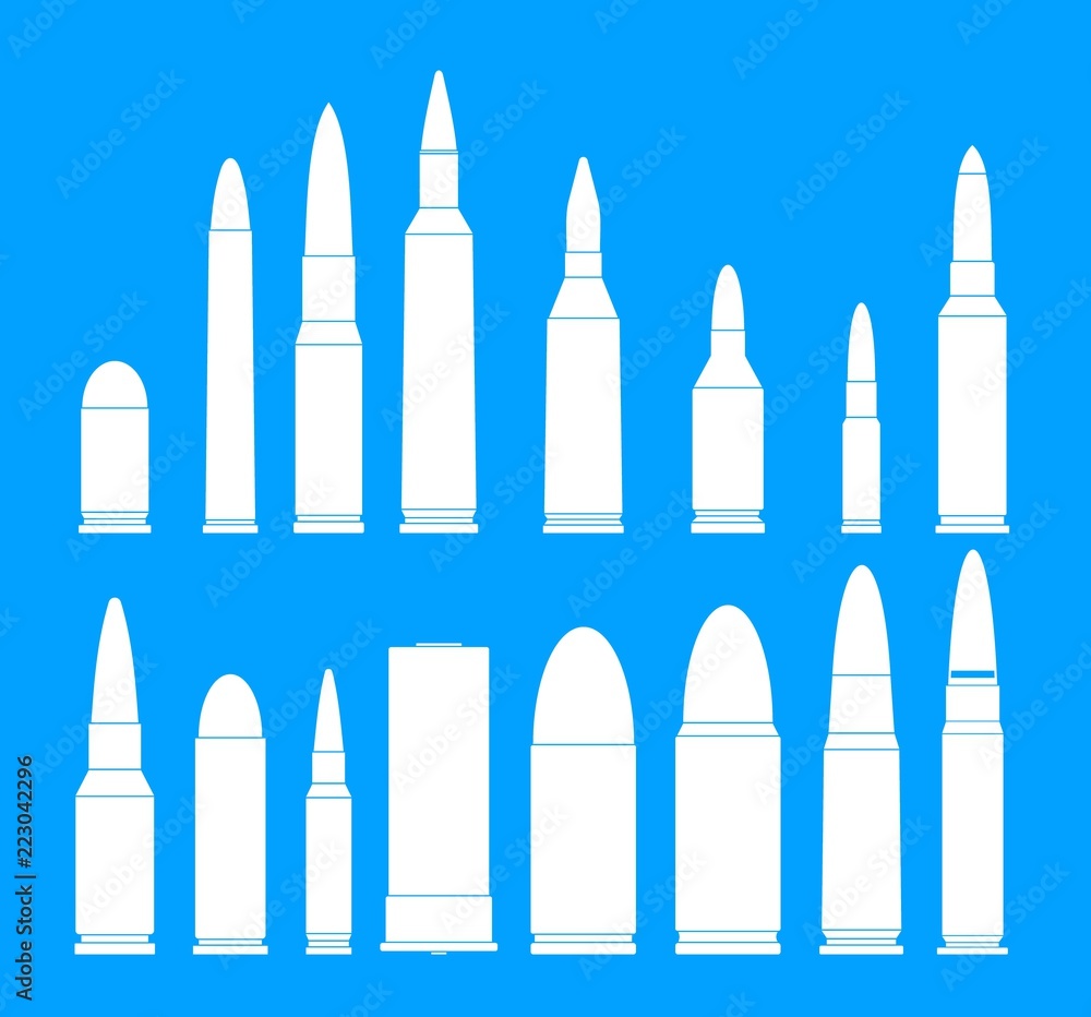 Bullet gun military icons set. Simple illustration of 16 bullet gun military vector icons for web Bullet gun military icons set. Simple illustration of 16 bullet gun military vector icons for web