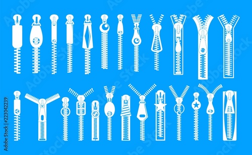 Zipper puller lock icons set. Simple illustration of 32 zipper puller button lock vector icons for web