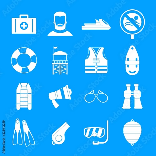 Lifeguard save icons set. Simple illustration of 16 lifeguard save vector icons for web
