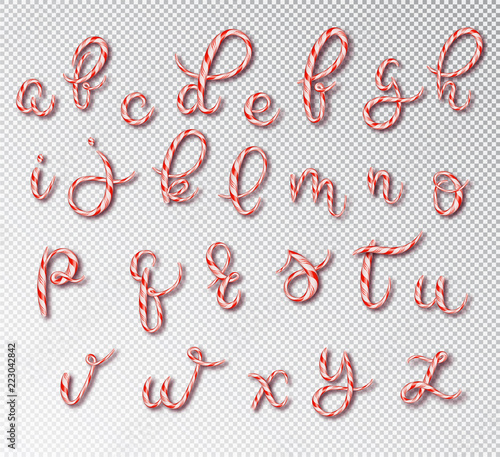 Christmas candy cane lettering. Font set with caramel letter . Sweet 3d alphabet isolated . Vector illustration 10 EPS