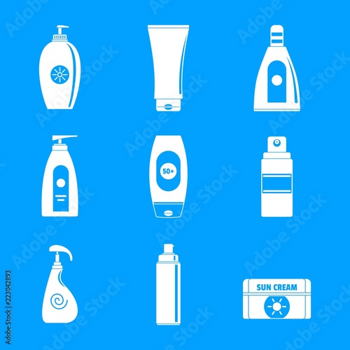 Sunscreen sun protection logo icons set. Simple illustration of 9 sunscreen sun protection logo vector icons for web