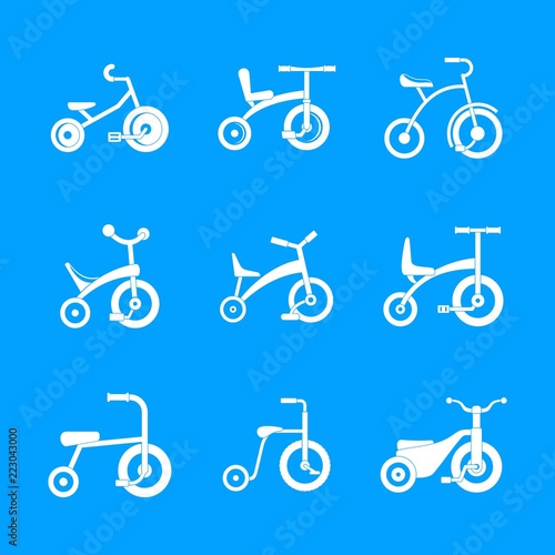 Tricycle bicycle bike wheel icons set. Simple illustration of 9 tricycle bicycle bike wheel vector icons for web