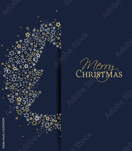 Vector illustration of a Christmas background. Christmas tree made of stars. Happy Christmas greeting card.