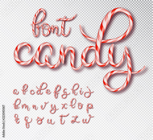 Christmas candy cane lettering. Font set with caramel letter . Sweet 3d alphabet isolated . Vector illustration 10 EPS