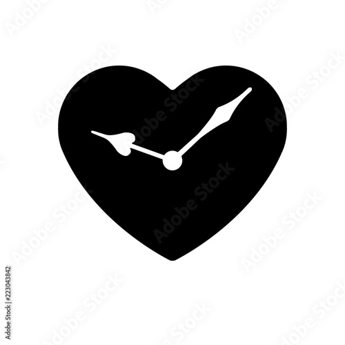 Heart vector black icon. Hands clock in heart. Valentines day sign, emblem, Flat style for graphic and web design, logo. Vector Illustration, of clock Icon.