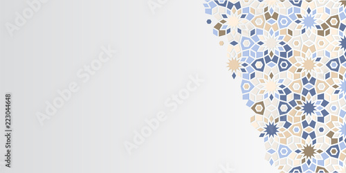 Arabic girih design background for Ramadan Kareem. Islamic ornamental colorful detail of mosaic. Greeting Ramadan card