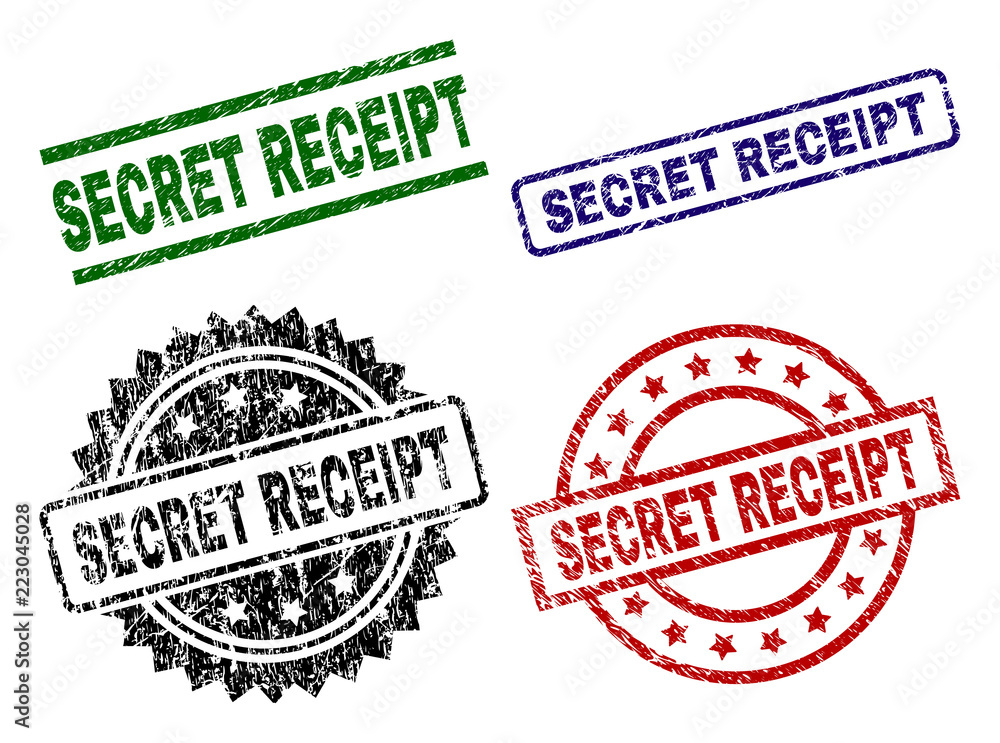 SECRET RECEIPT seal prints with distress surface. Black, green,red,blue vector rubber prints of SECRET RECEIPT caption with unclean surface. Rubber seals with circle, rectangle, rosette shapes. SECRET RECEIPT seal prints with distress surface. Black, green,red,blue vector rubber prints of SECRET RECEIPT caption with unclean surface. Rubber seals with circle, rectangle, rosette shapes.