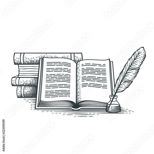 Stack of books, quill pen and ink. Hand drawn engraving style illustration.