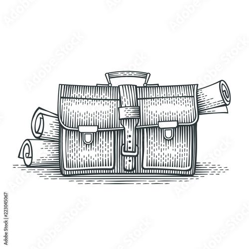 Briefcase with documents. Hand drawn engraving style illustration.