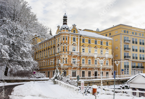 Spa center of small west Bohemian spa town Marianske Lazne (Marienbad) in winter with snow - Czech Republic