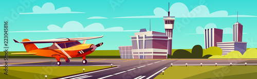 Vector cartoon illustration, yellow light aircraft on runway. Takeoff or landing of airplane against background of blue sky or airport building with control tower. Concept of advertising banner