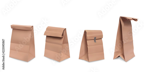 Paper bag, set of vector realistic illustrations brown paper grocery bags for meal, packaging for fast food, snacks, front and side view isolated on white background