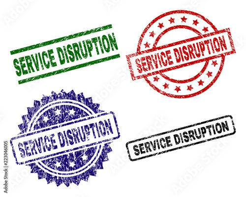 SERVICE DISRUPTION seal prints with corroded style. Black, green,red,blue vector rubber prints of SERVICE DISRUPTION title with unclean style. Rubber seals with circle, rectangle, medallion shapes.