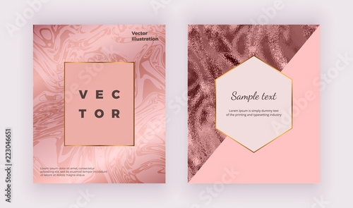 Liquid sparkle glossy marble texture. Geometric covers design with rose gold, pink triangles. Trendy fluid template for celebration, flyer, placard, party, social media, invitation, banner, wedding