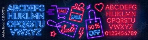 The template for the discount. Neon blue and red alphabets with numbers.