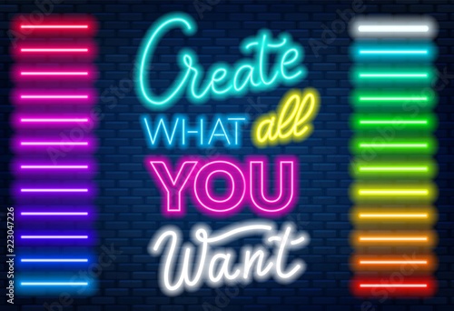 Vector set of multi-colored neon brushes. Art brush is already in the panel of brushes.