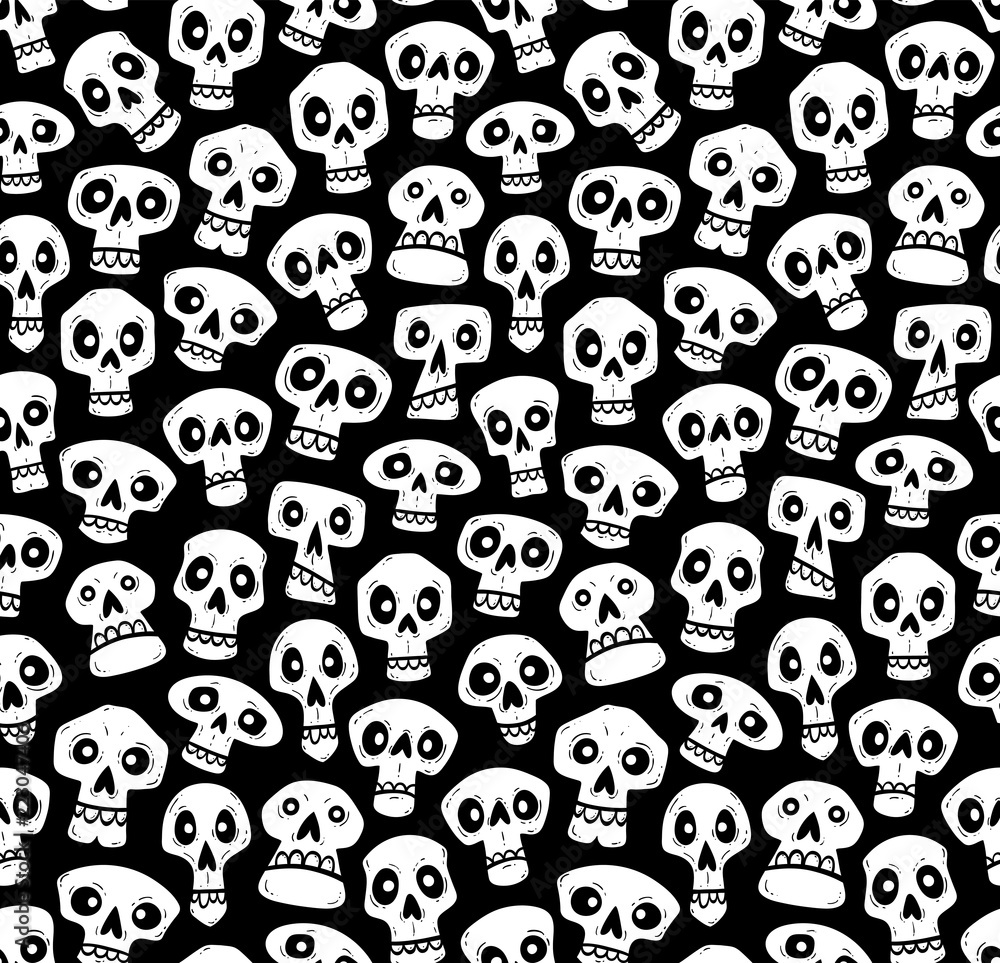 Cartoon skulls seamless pattern. White skulls isolated on black background. Vector illustration. Cartoon skulls seamless pattern. White skulls isolated on black background. Vector illustration.