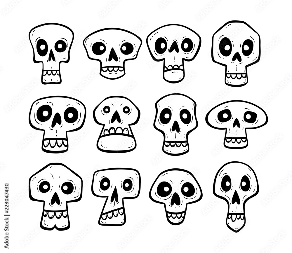 Fototapeta premium Hand drawn skull collection. Funny cartoon skulls isolated on white background. Vector illustration.